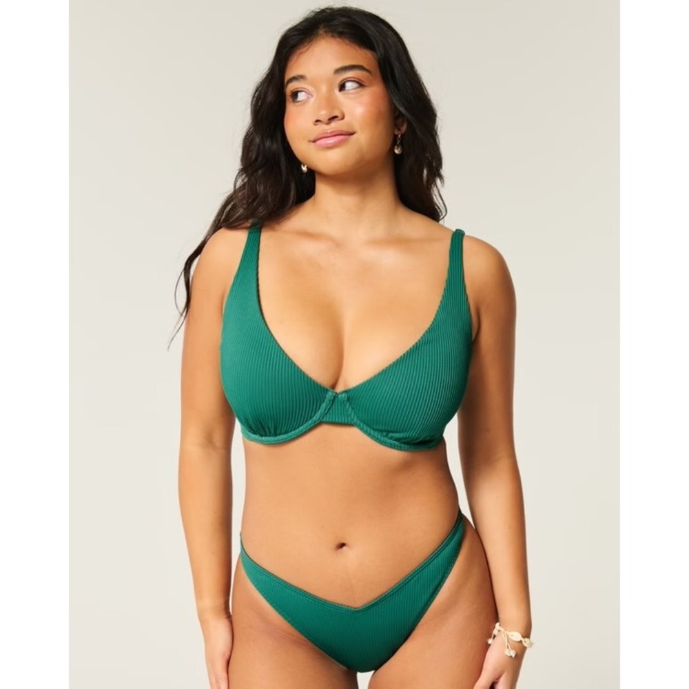 Hollister Teal Ribbed Underwire Bikini Set Curvy Top S Bottom XS Green